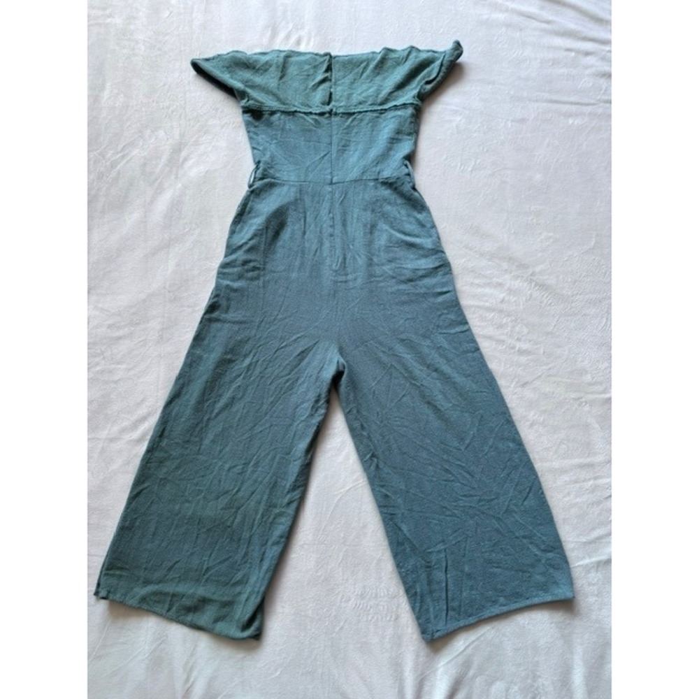 Lulus Sage green Linen Blend Strapless Ruffle Wide Leg Jumpsuit S